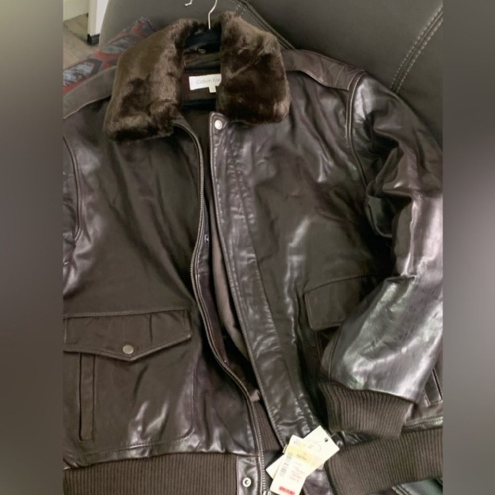 Calvin Klein Fur Collar American Bomber Leather Jack. Size L